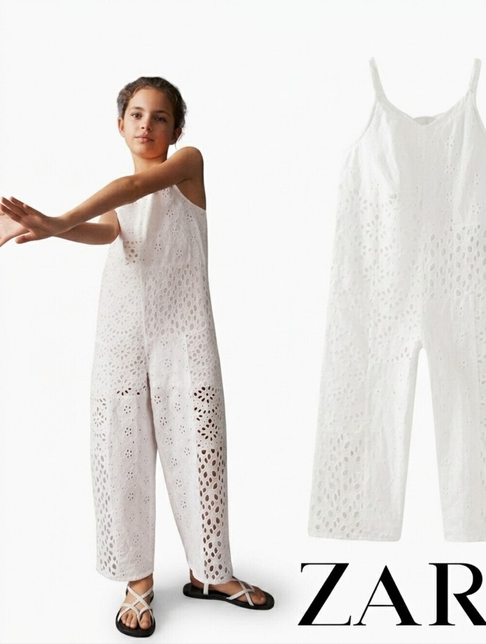 ZARA Kids Girl 9 134 cm White Swiss Embroidered Jumpsuit Eyelet Boho Wide Leg